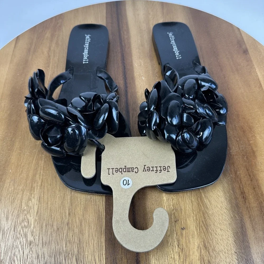 New Womens Jeffrey Campbell Floralee Black Matte Jelly Flip Flops Sandal Size 10